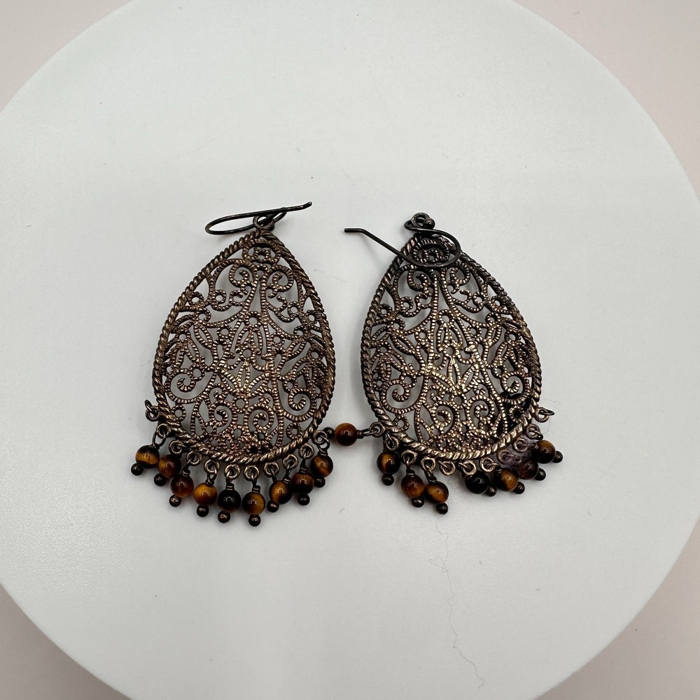 Vintage 90s Bronze Filigree Tigers Eye Teardrop Dangle Earrings Boho